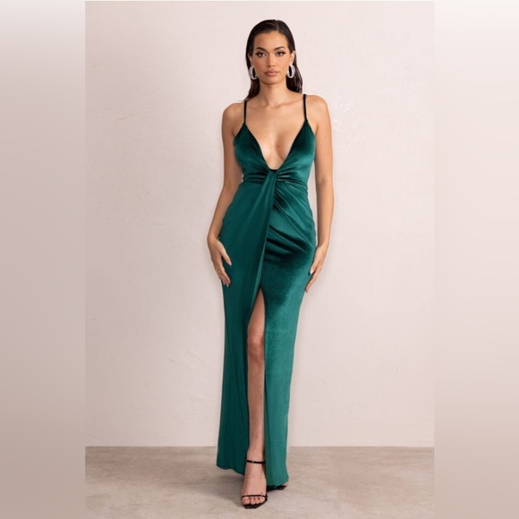 Club L London Women’s Bottle Emerald Green Velvet Plunge Neck Twist Maxi Dress 8 - Picture 2 of 11